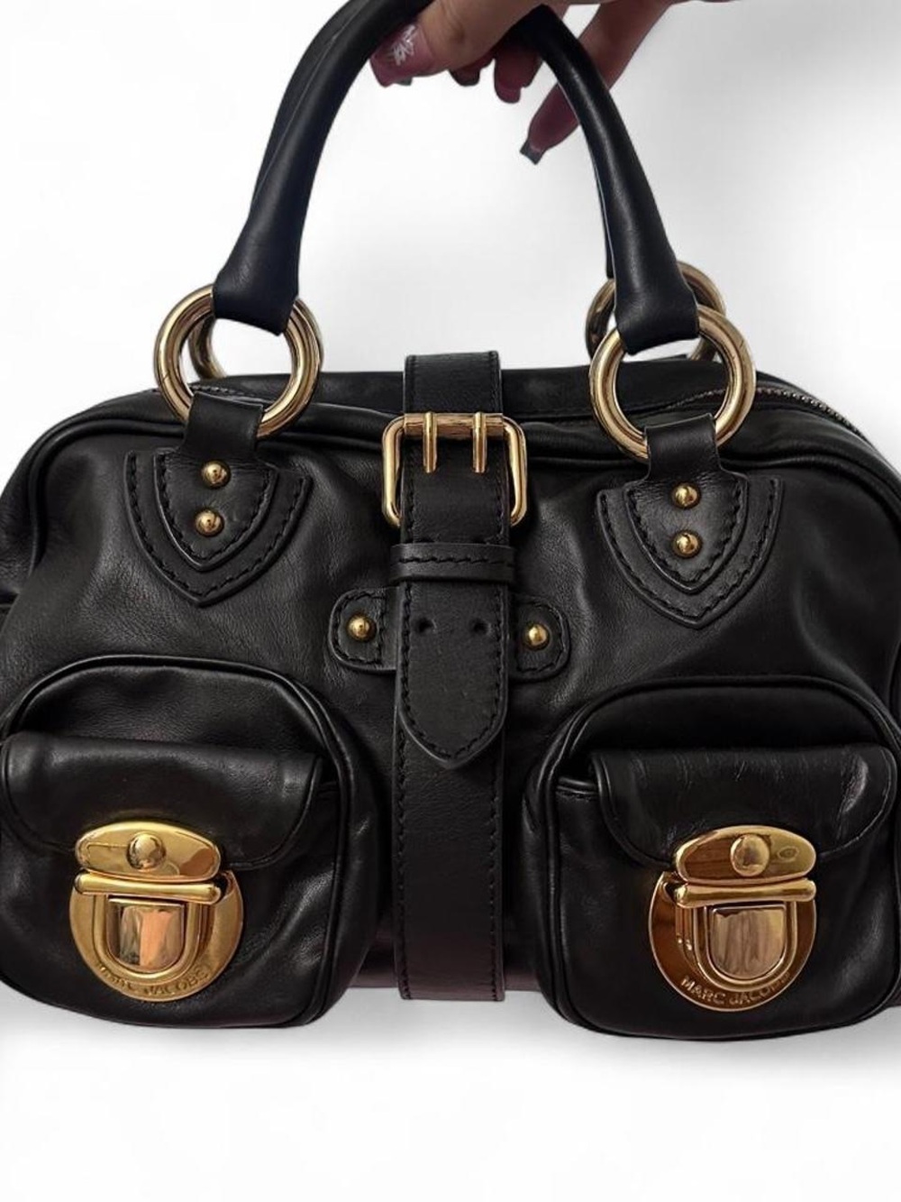 Marc Jacobs Black Leather Satchel with Gold-Tone Hardware and Dual Front Pockets